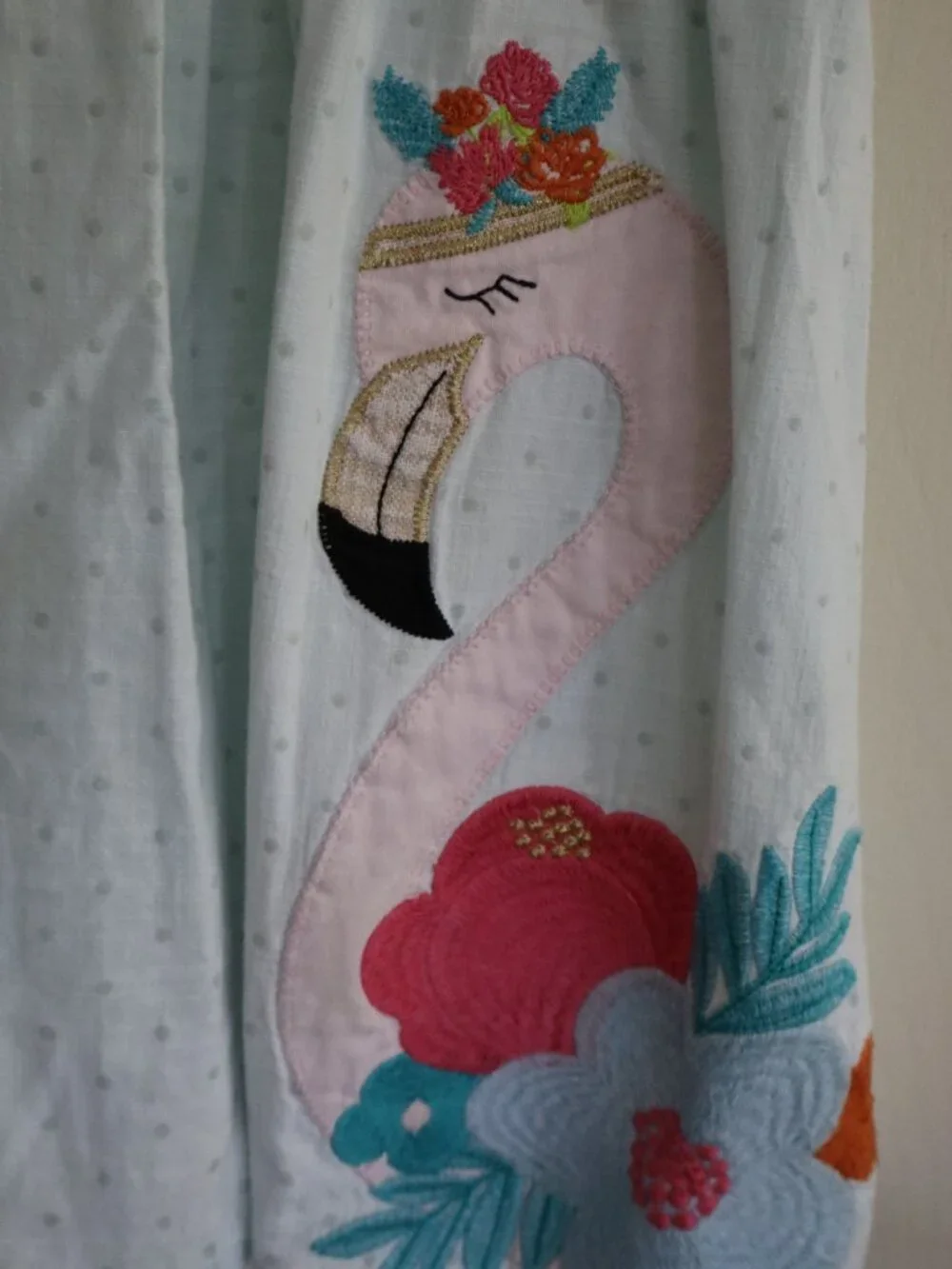Flamingo Embroidered Sundress 5T Mudpie with tassel sleeves teal/pink/white